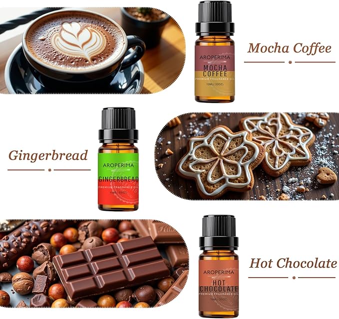 AROPERIMA Coffee Shop Fragrance Essential Oil Set - Mocha Coffee, Gingerbread, Hot Chocolate, Blueberry Muffin, French Vanilla, Cinnamon 6x10ML for Diffusers, Aromatherapy, Massage