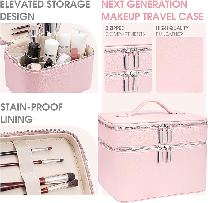 idoltimes Makeup Case, Large Capacity Waterproof Double Layer Cosmetic Bag with Removable Divider, Double Compartment Brush Organizer, Multi-functional Travel Organizer