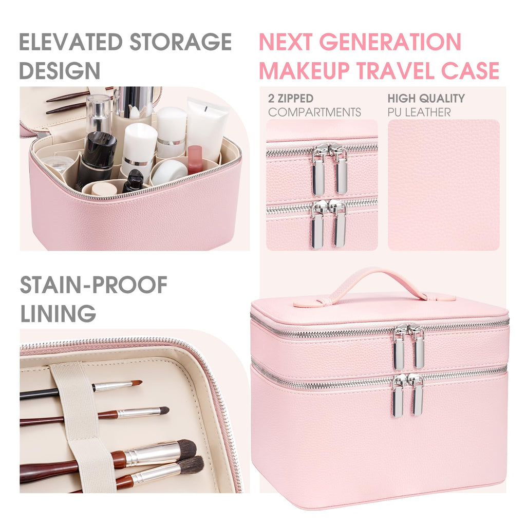idoltimes Makeup Case, Large Capacity Waterproof Double Layer Cosmetic Bag with Removable Divider, Double Compartment Brush Organizer, Multi-functional Travel Organizer