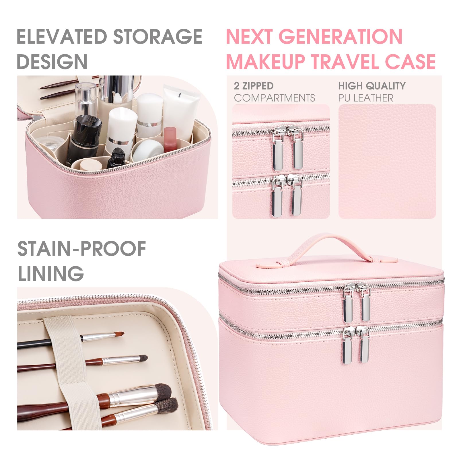 idoltimes Makeup Case, Large Capacity Waterproof Double Layer Cosmetic Bag with Removable Divider, Double Compartment Brush Organizer, Multi-functional Travel Organizer