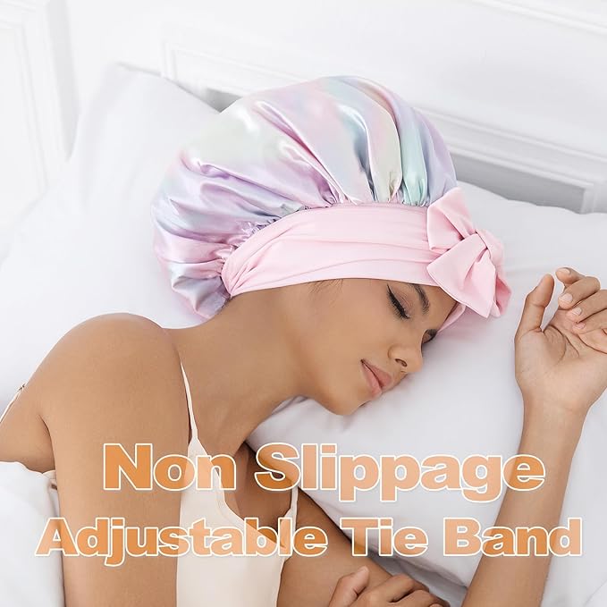 GDTOGRT Satin Silk Bonnet for Sleeping Women, Double Layer Sleep Hair Bonnets Caps for Curly Natural Hair with Tie Band - Aura