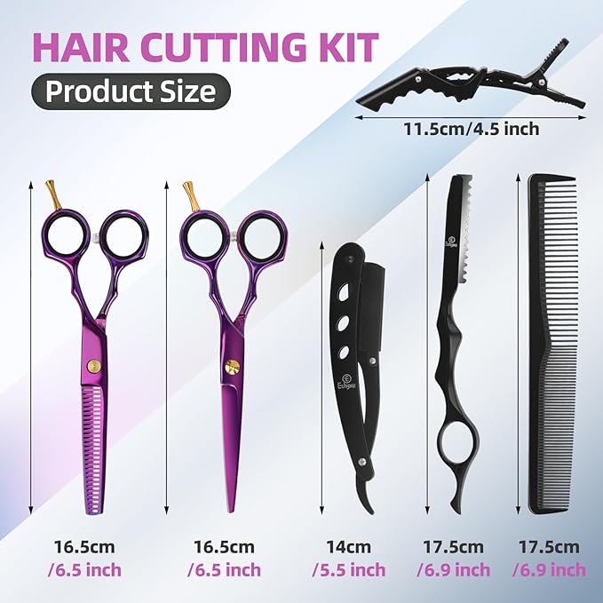 Ethyxe Professional Hair Cutting Scissors - 9 PCS Haircut Scissors Set with 29-Tooth Thinning Shears and Straight Shears for Men Women Home Salon Barber (6.5", Purple)