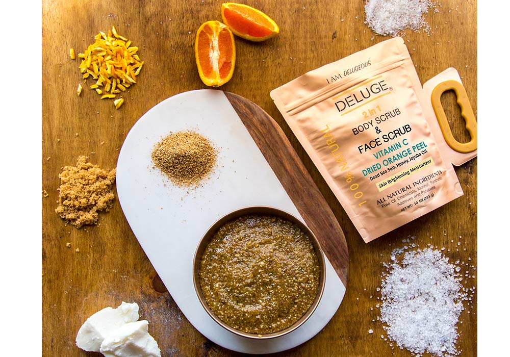 DELUGE - VITAMIN C SCRUB. DRIED ORANGE PEEL. DEAD SEA SALT, HONEY AND JOJOBA OIL. Net Weight 10 oz