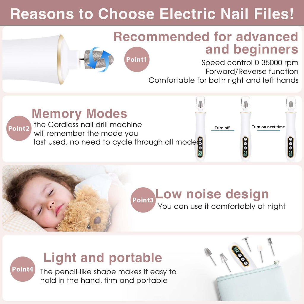 Hoxida Cordless Electric Nail Drill: 10-Speed Professional Nail File with 360° LED Light for Manicure Shaping & Gel Removal, Nail Art Practice Essentials,Home DIY & Portable Travel Use