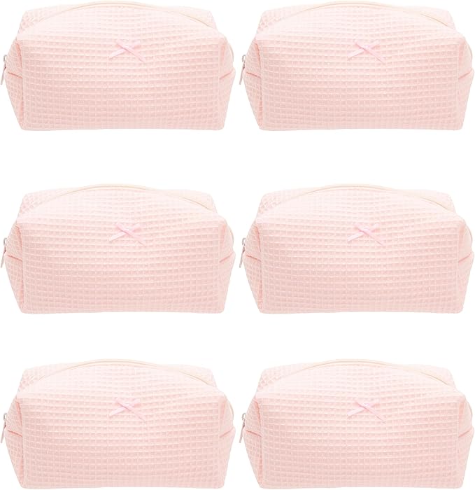 PAZIMIIK Cozy Makeup Bag for Women,Zipper Cosmetic Pouch,Waffle Pink,6 Pack