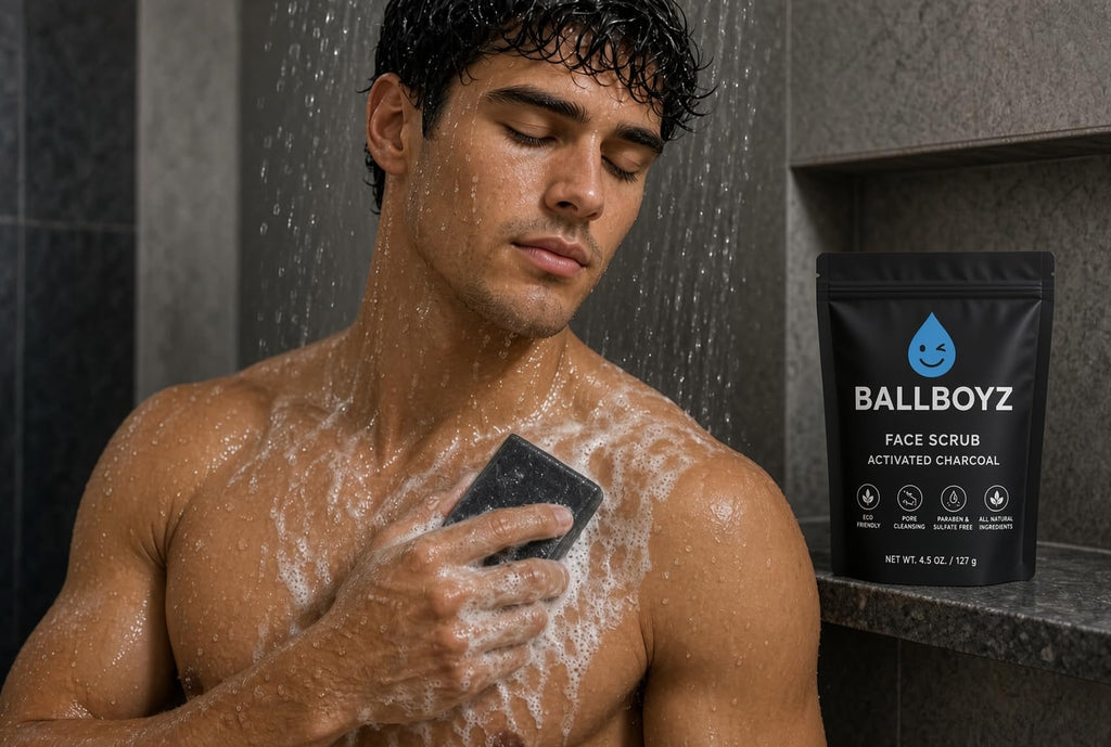 Ballboyz Soap: Gold Pack - Natural Gentle yet Powerful Cleansing to Remove Sweat and Dirt (Activated Charcoal Face Scrub, Cool Breeze Body Scrub, and Mr. Drip Pimple Patches, 1 Count (Pack of 3)