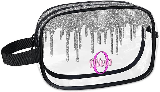 KFNHN Custom Name Makeup Bag Travel Bag, Clear Toiletry Bag Travel Large Capacity Cosmetic Container Organizer for Shampoo, Shiny Stars Water Fluid Shape Silver Glittering
