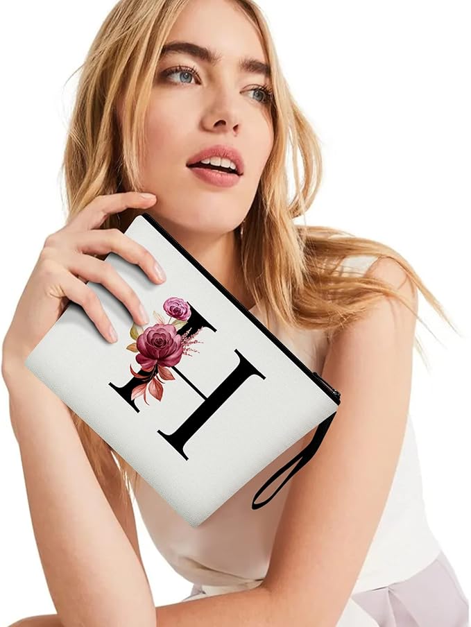 Vavabox A-Z Personalized Makeup Bag, Birthday Gifts for Women Mom, Gifts for Best Friend, Bride Bridesmaid Cosmetic bag (H, 01-White)