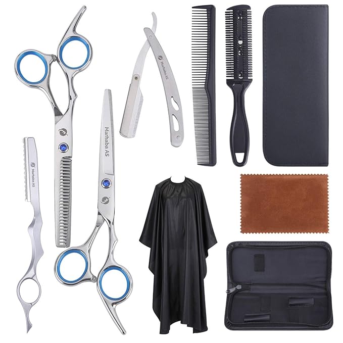 MARHABA AS Hair Scissors Kit – 10 Pieces Stainless Steel Precision Shears for Dry & Wet Hair, Professional and Personal Hair Cutting Set for Men and Women, Sharp Barber Tools with Accessories