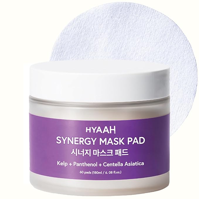 HYAAH Synergy Mask Pad - Korean Face Toner Pads with Kelp Seaweed Extract, Cica, Panthenol and Ectoin - Calming, Hydrating, Pore Refining - Soft Cotton Pad for Sensitive Skin, 60 Pads