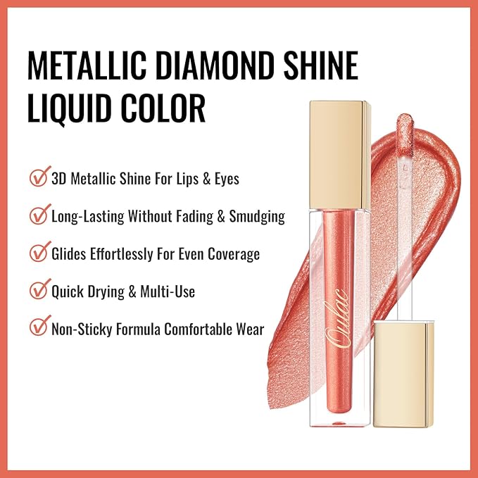 Oulac Orange Lipstick for Women - Metallic Lip Glos, Long Lasting Lipstcik Liquid, Waterproof, High Impact Lip Color, Oil-Based Formula, Vegan & Cruelty-Free, MD03
