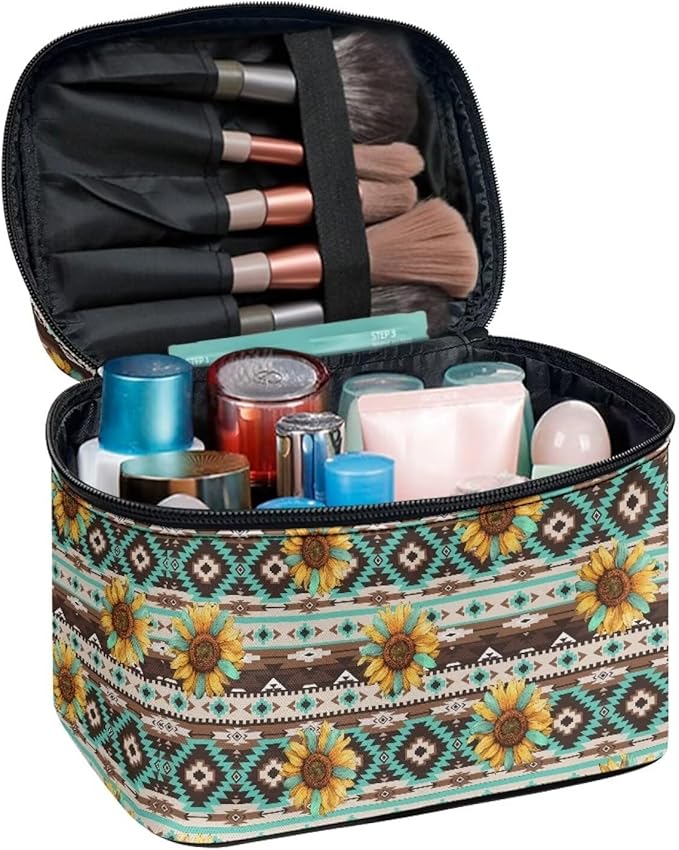 Drydeepin Navajo Aztec Tribal Sunflower Pattern Travel Makeup Bags for Women Portable Tote Cosmetic Case with Carry Handle Toiletry Accessories Storage Organizer Bags