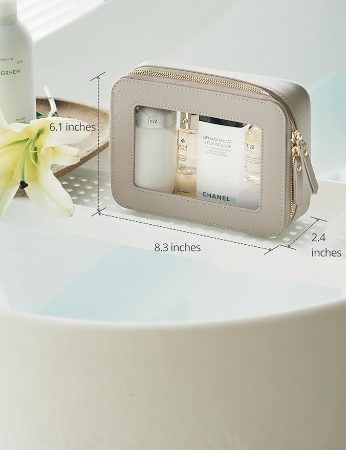 Popvibe Clear Makeup Bag Travel Cosmetic Case Clear Toiletry Bag with Zipper Make Up Organizer Traveling Compact Car Bag Stone Medium