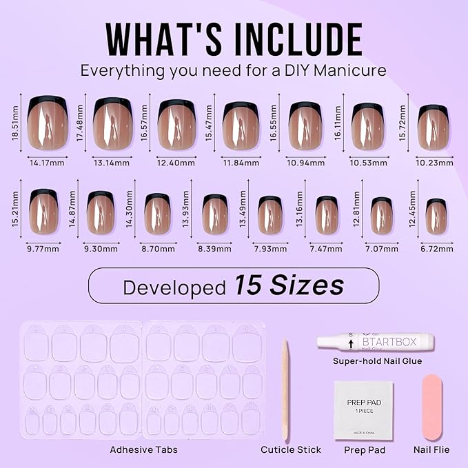 BTArtbox Press On Nails, Braveheart, Short Square, Black French Tip, 30Ct