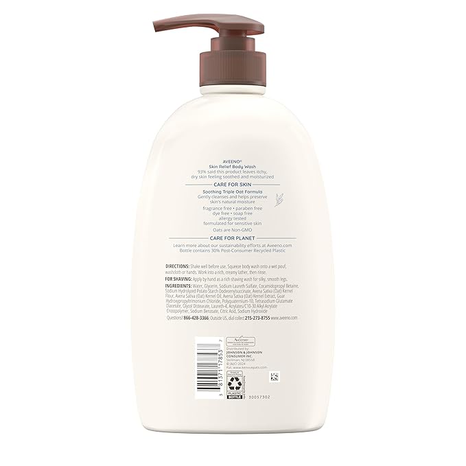 Aveeno Skin Relief Body Wash with Triple Oat Complex, Fragrance-Free, Gentle Daily Body Wash for Sensitive Skin Leaves Itchy, Dry Skin Feeling Soothed & Moisturized, Value Size 33 Fl Oz