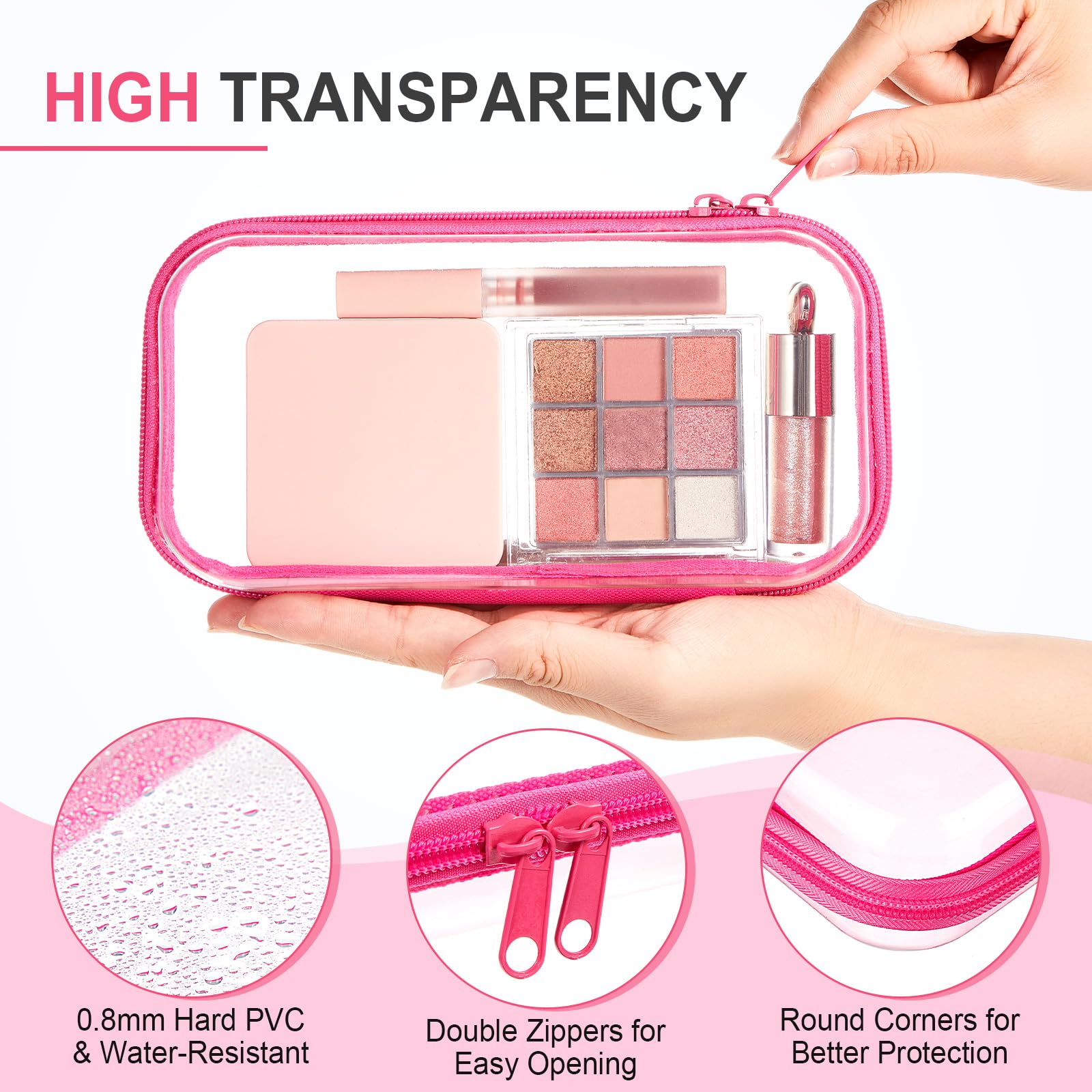 Hoolerry 4 Pcs Hard Clear Zipper Case Makeup Bags Plastic Zipper Pouch Transparent Storage Box Containers for Cosmetics, Snacks, Building Blocks, Puzzles(Clear,7.5 x 3.9 x 2 in,Fluorescent)