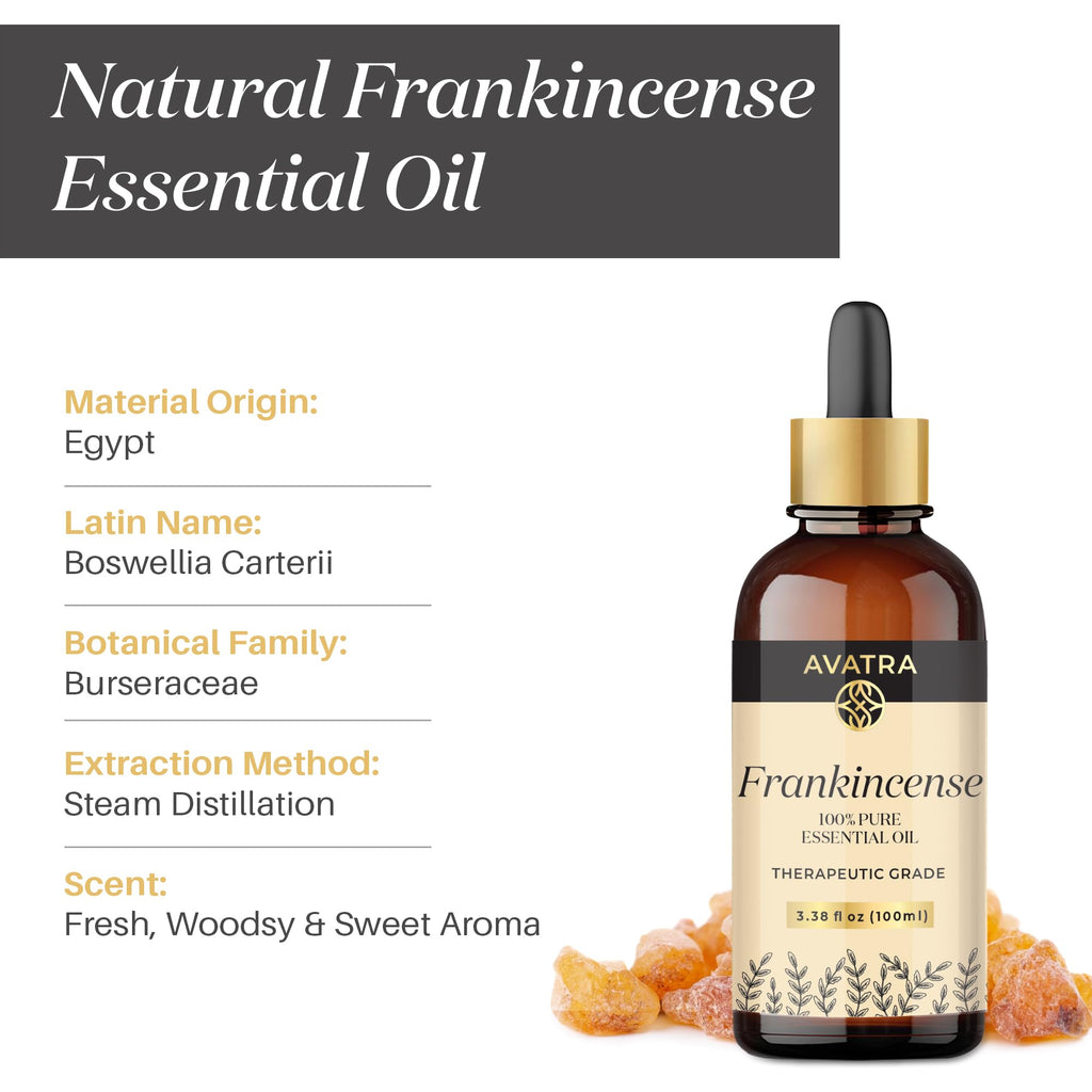 Avatra Frankincense Essential Oil 100ML (3.38 OZ) with Glass Dropper and Travel Bottle, Pure and Natural Therapeutic Grade Frankincense Oil for Diffuser, Aromatherapy, Massage, and DIY Candle Products