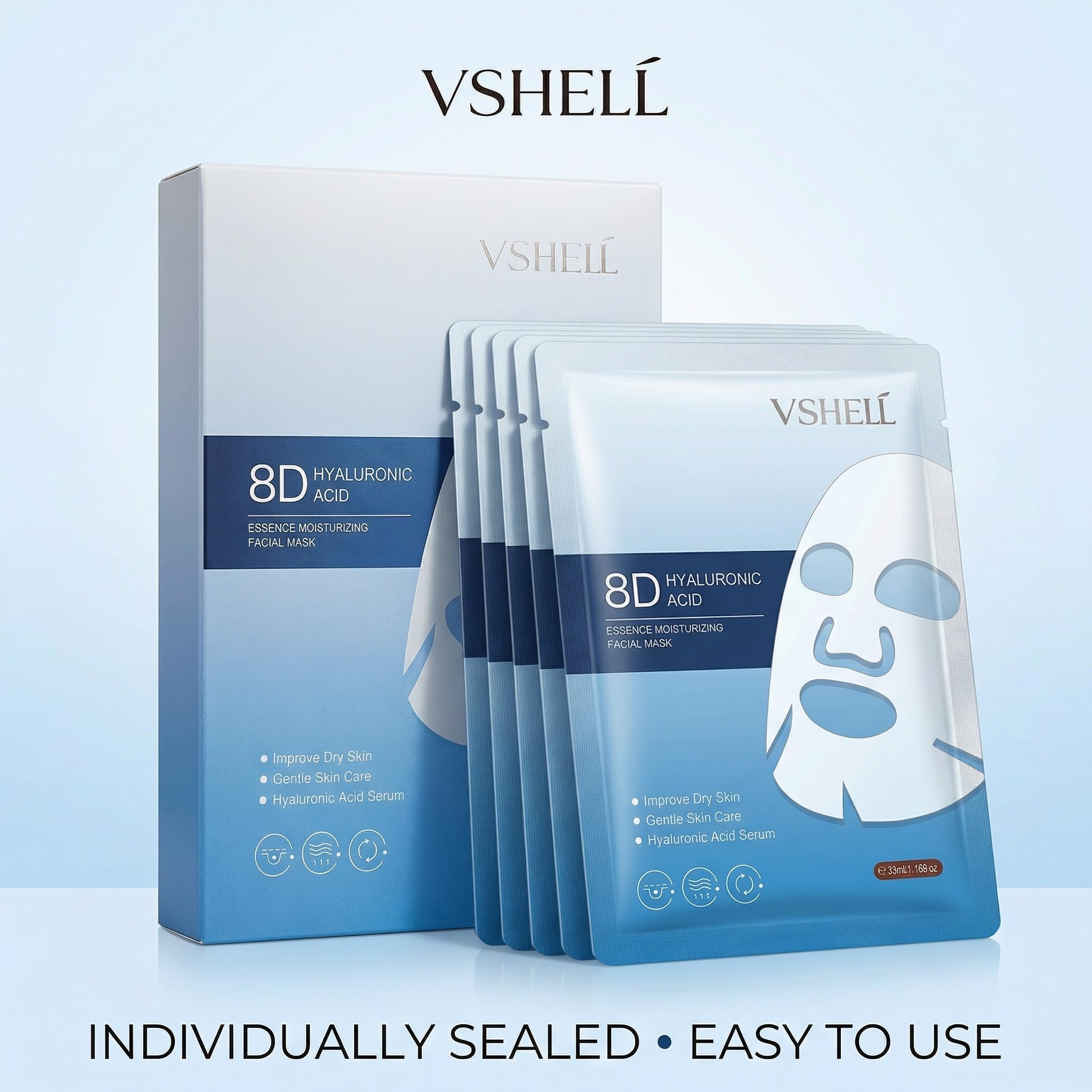 VSHELL Hyaluronic Acid Face Sheet Mask – Hydrating & Plumping Facial Mask for Dry Skin – Deep Moisturizing Skincare for Radiant Glass Skin Glow – Daily Use – 10 Pack