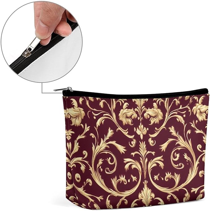 Meaudiwes Fashion Zipper Cosmetic Case, Portable Makeup Case, Personality Toiletry Bag, Flower Maroon Gold Floral Classy Burgundy Antique Travel Cosmetic Toiletry Bag