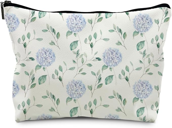 RYYCDOI Blue Hydrangea Floral Weather Makeup Bag, Cosmetic Toiletry Bag for Women, Coquette Makeup Pouch, Aesthetic Pouch, Hydrangea Gifts(PU)