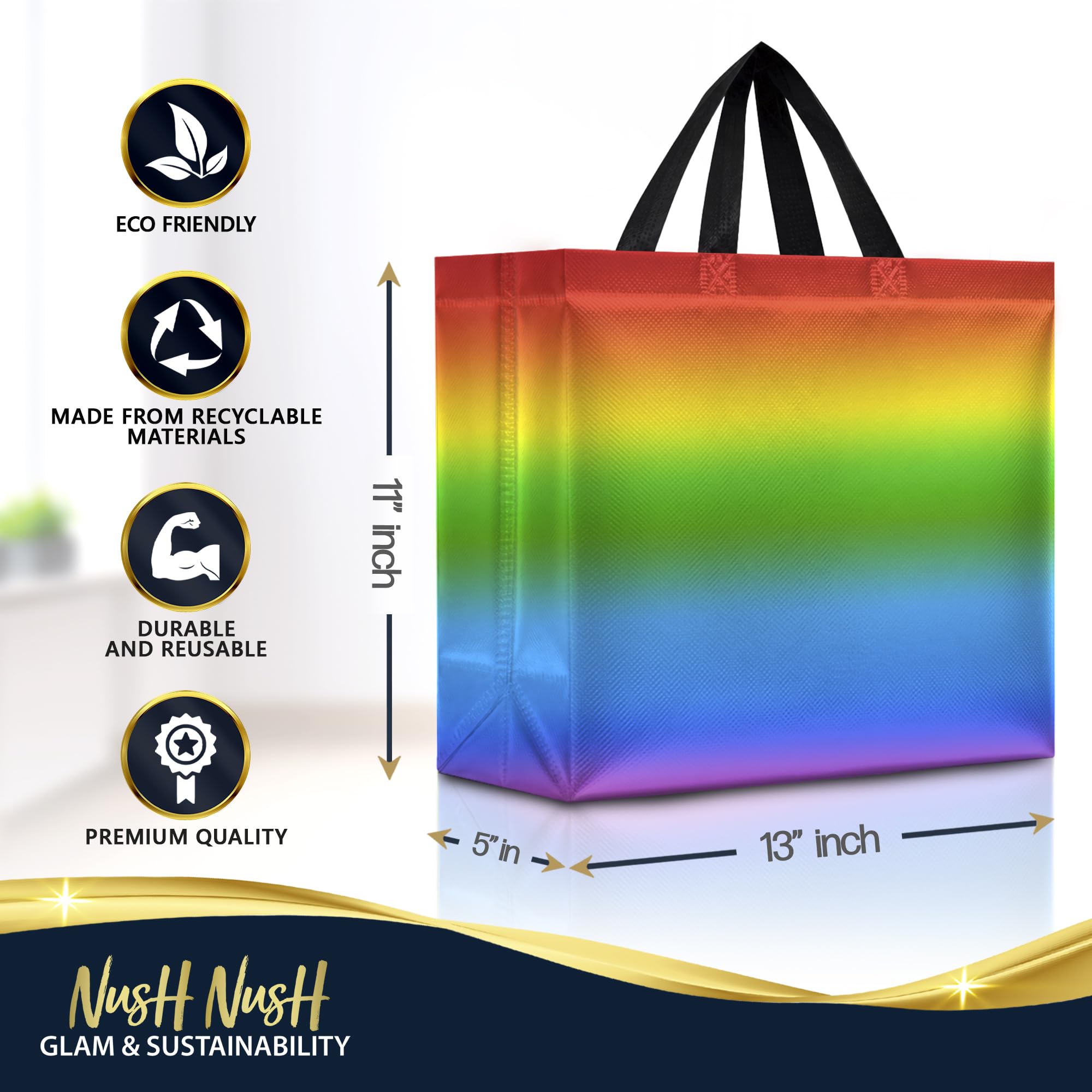 Nush Nush Large Rainbow Gift Bags with Handles, 13 x 5 x 11, Set of 12