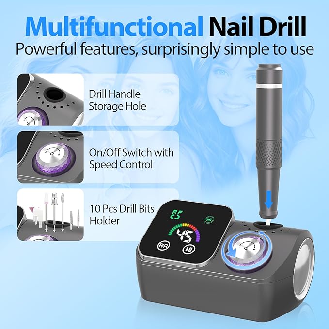 PYVOLA Professional Electric Nail Drill E-File Machine - 45,000 RPM Corded Nail Drills Kit with Low Noise & LED Display for Shaping, Removing & Polishing Acrylic Gel Nails for Salon Home