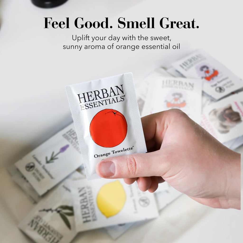 Herban Essentials - Orange Wipes & Towelettes - Essential Oil Wipes for Make Up, Hands, Face & Body - Travel Size Essentials & Toiletries - Natural, Individually Wrapped, Disposable & Moist (7 count)