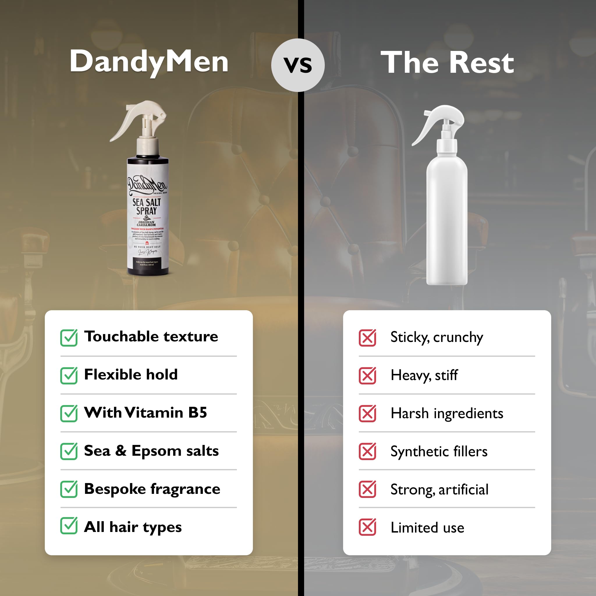 DandyMen Sea Salt Spray for Men – Texturizing & Volumizing Hair Spray for Beachy Waves, Matte Finish - Obsidian Cardamom, 1-pack