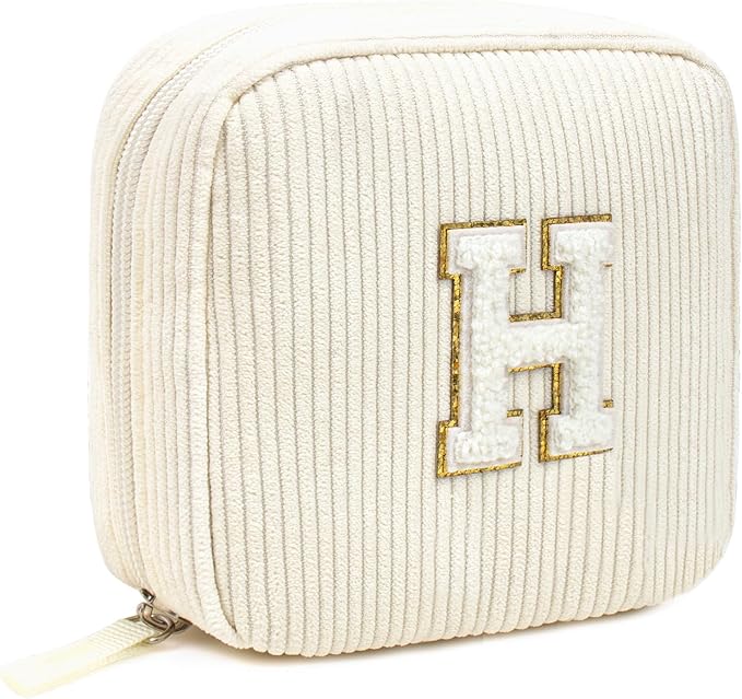 Cute Makeup Bag for Women - Monogram Personalized Initial Makeup Bags Cosmetic Pouch Make Up Case for Women Her Best Friend Friendship Sister Teacher, Birthday Gifts for Girls(Letter H, Beige)