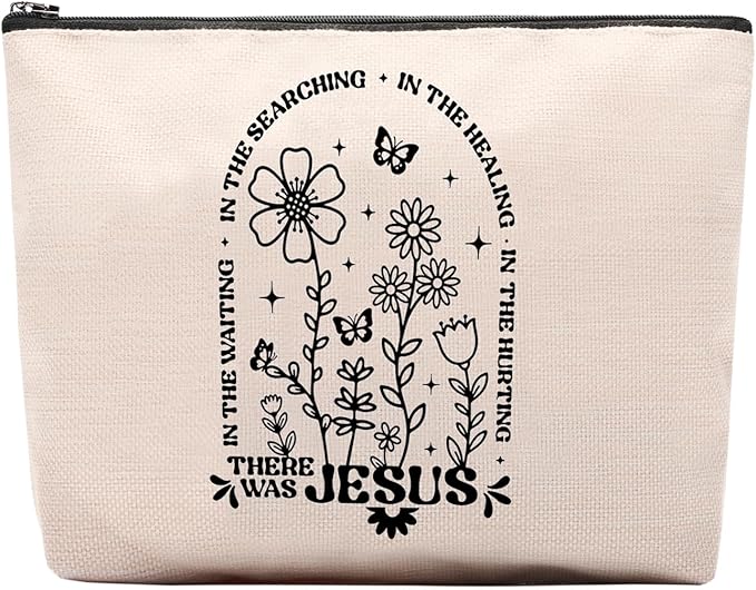 CEASQVAA Boho Floral Christian Makeup Bag, Christian Gifts for Women, Bible Stuff Prayer Supplies, There Was Jesus Cosmetic Bag Pouch