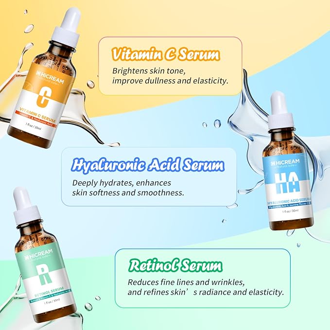 Hicream Face Serum Set - Vitamin C Serum, Hyaluronic Acid & Retinol with Hydrating, Brightening & Firming Skin, Anti-aging Skin Care Set for Women, Targets Fine Lines & Dark Spots, 1 Fl Oz (Pack of 3)