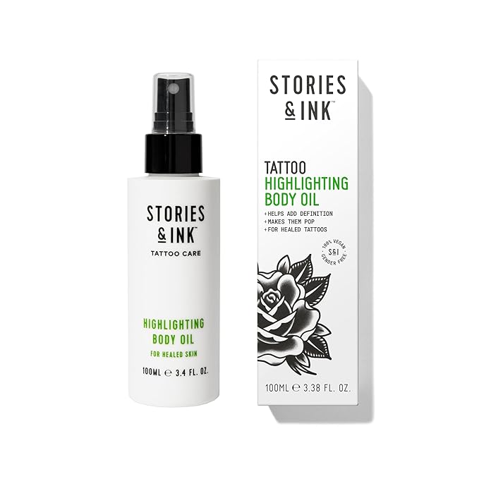 Stories & Ink Highlighting Body Oil for Faded and Healed Tattoos, Refreshes Tattoo Color and Adds Natural Glow, Lightweight Tattoo Care Oil, Vegan, 3.4 Fl Oz / 100ml