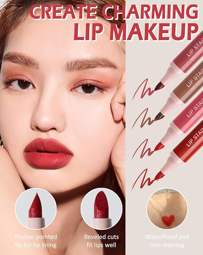 Lip Stain Liner Pen, Rose Pink Lip Tint Stain Liquid Lipstick Waterproof-03