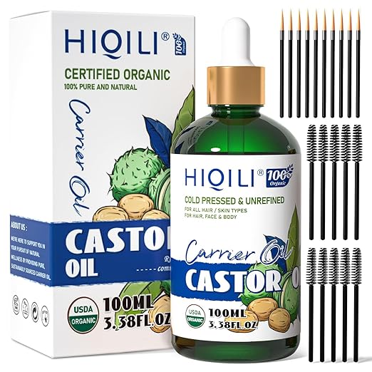 HIQILI Organic Castor Oil Cold Pressed for Hair, Lash & Eyebrow Care