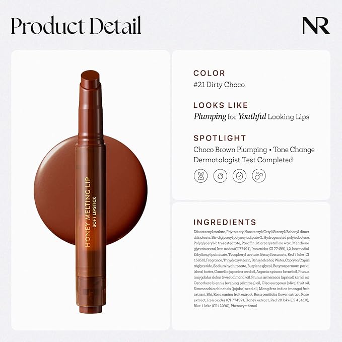 Nature Republic HONEY MELTING LIP PLUMPING (21 DIRTY CHOCO) | SOFT LIP STICK, Hydrating Gloss, Moisturizing balms, Volumizing formula & Sheer tint, Glowy Finish, korean make up