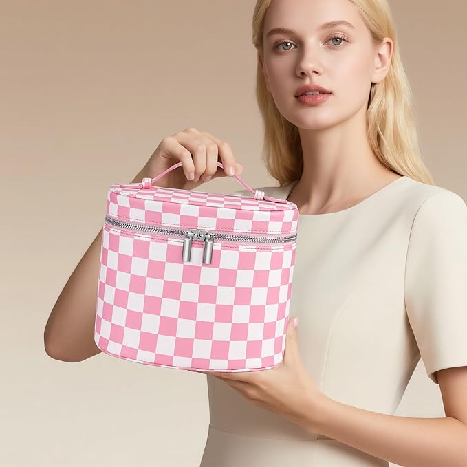 UUYUUY Makeup Bag Vanity Case Cosmetic Bag with Removable Divider Travel Toiletry Bag for Women Portable Make up Box Organizer, Pink and White