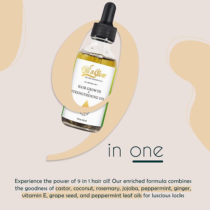 OilnGlow 8 in 1 Natural Hair Growth & Strengthening Oil with Rosemary, Castor, Vegan Jojoba, Coconut, Grape Seed, Ginger & Scalp DHT Blocker Peppermint Oil -2 FL