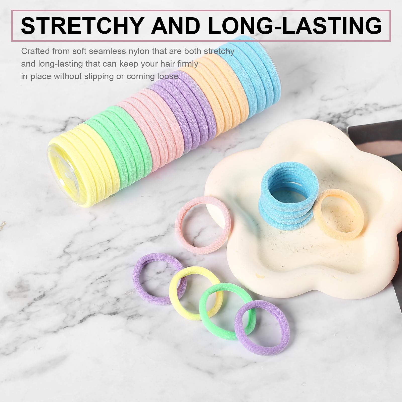 LuSeren 120 Pcs No Damage Thick Hair Ties, Large Soft Seamless Nylon Cloth Hair Elastics for Women, Light Color