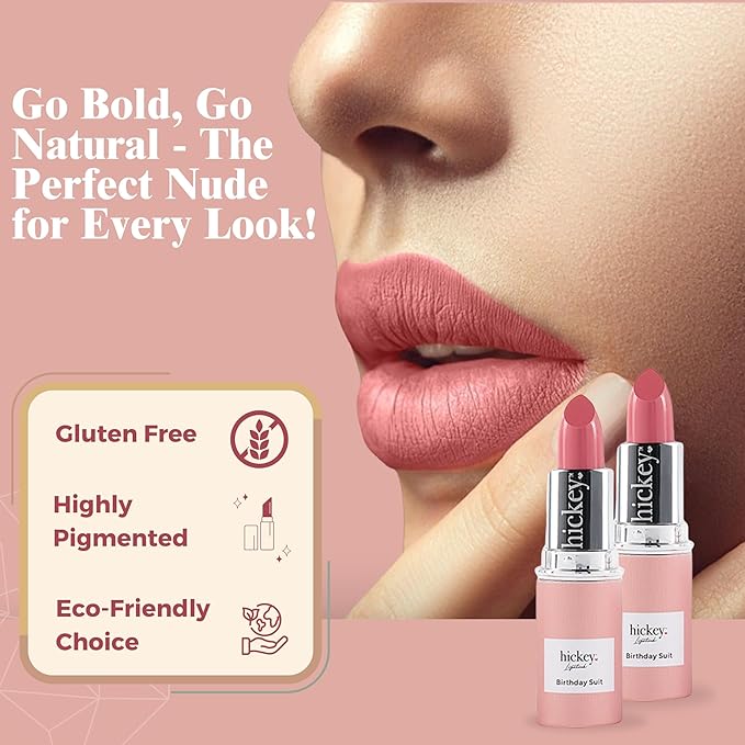 Hickey Lipstick Refill - Birthday Suit (Best Nude) - Hydrating Formula with Jojoba Oil, Long Lasting Velvet Finish Formula - Vegan & Gluten-Free