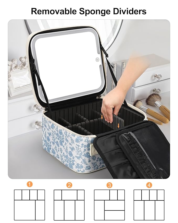 Relavel Travel Makeup Bag with LED Mirror, Floral Train Case with Dividers
