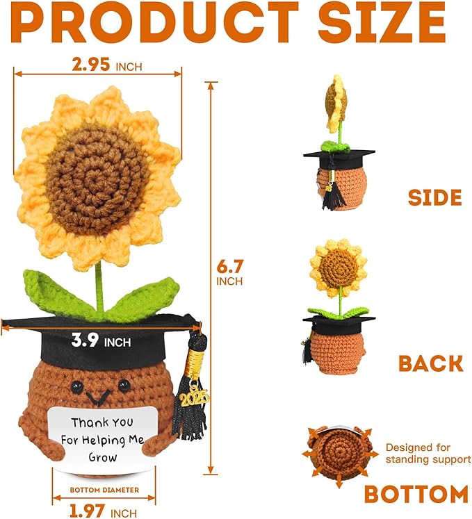 Teacher Appreciation Gifts, Handmade Crochet Sunflower Teacher Gifts, Thank You for Helping Me Grow, Daycare Teacher Appreciation Gifts for Women Men, End of Year Graduation Teacher Gifts (1)
