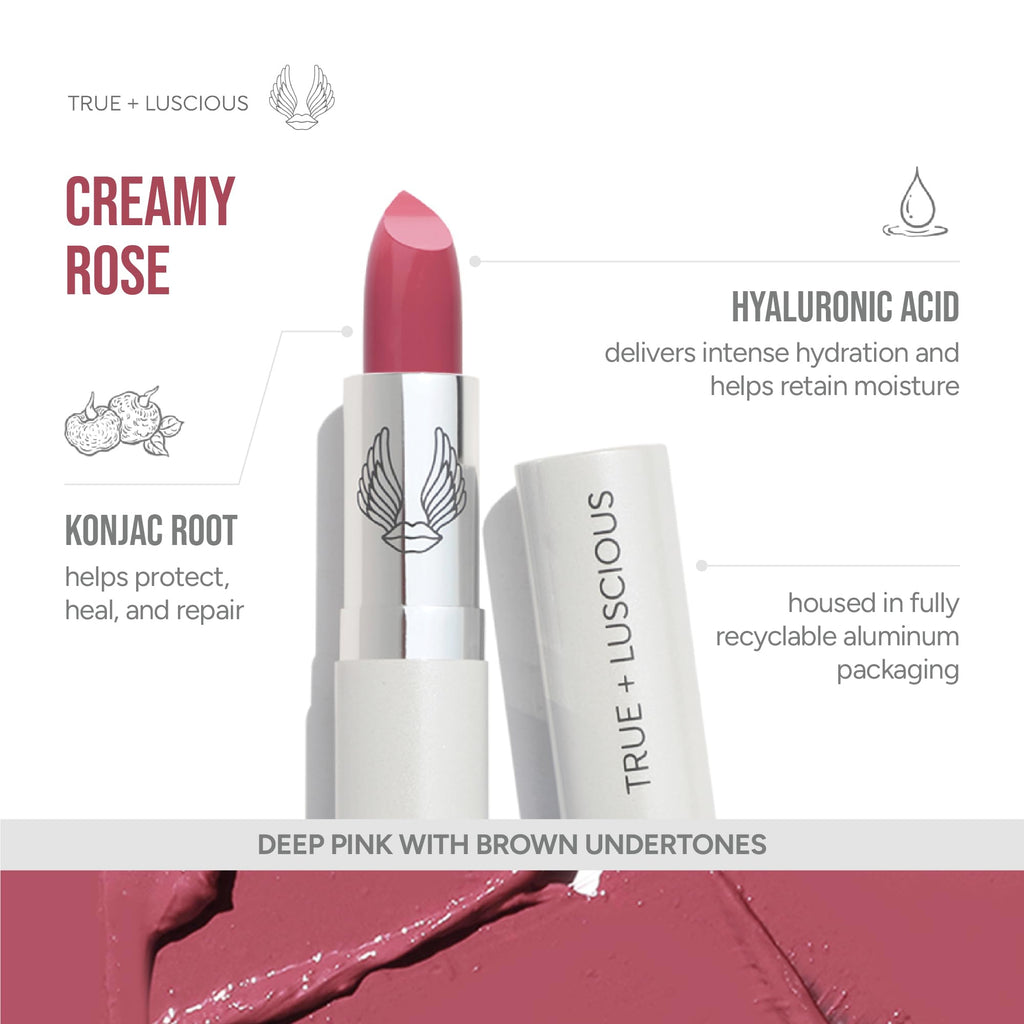 True + Luscious Super Moisture Lipstick | Satin Sheer Lasting Hydrating Lip Color for Dry Lips & All Skin Tones | Lightweight Feel with Hyaluronic Acid & Konjac Root | Vegan | Creamy Rose