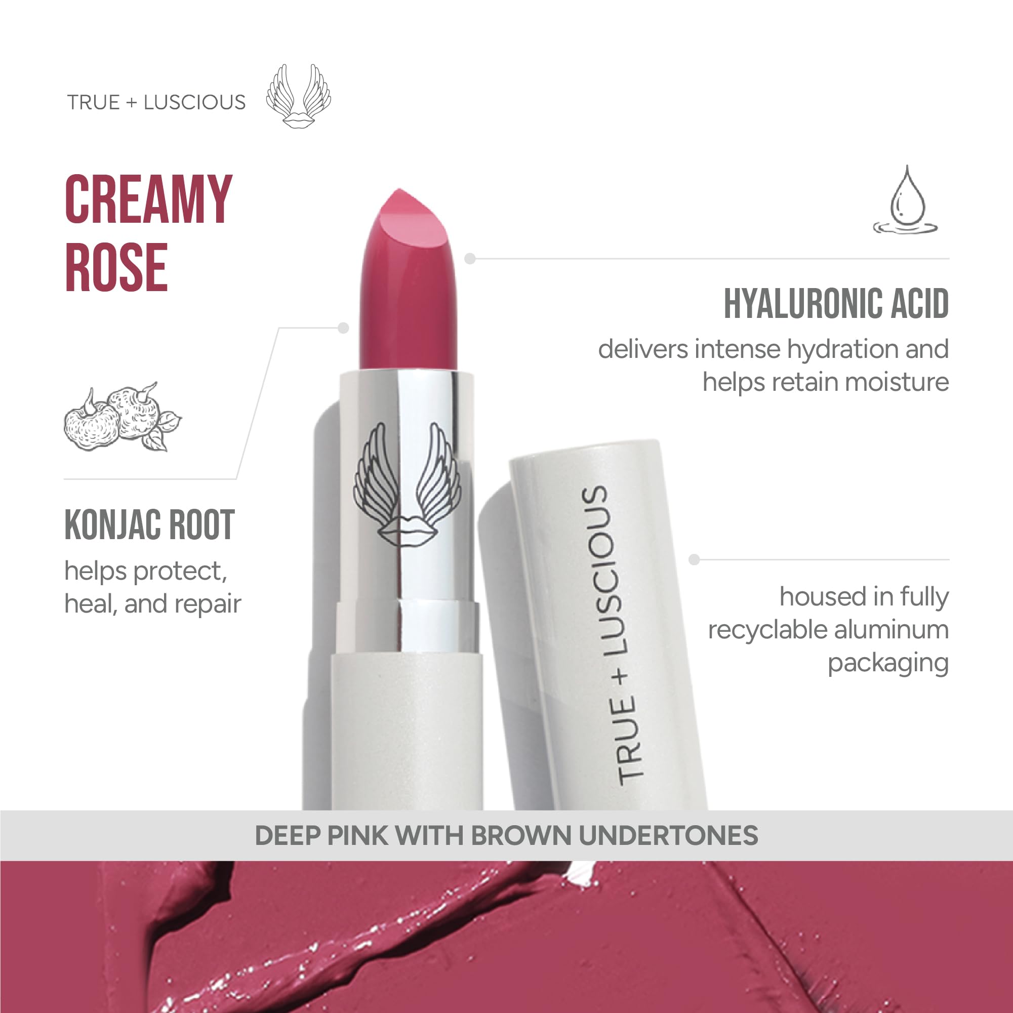 True + Luscious Super Moisture Lipstick | Satin Sheer Lasting Hydrating Lip Color for Dry Lips & All Skin Tones | Lightweight Feel with Hyaluronic Acid & Konjac Root | Vegan | Creamy Rose