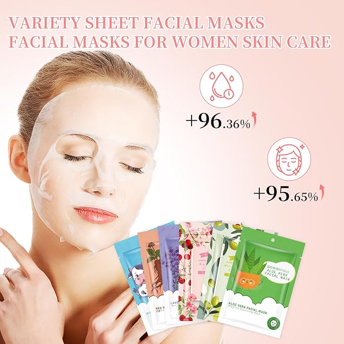 GUOYAOLIFU 12 Pack Sheet Face Masks Skincare for Women,Hydrating Face Masks Suitable for Dry Sensitive Skin,Bulk Facial Mask Gifts Set for Skin Care,Home Skincare Spa for All Skin Types