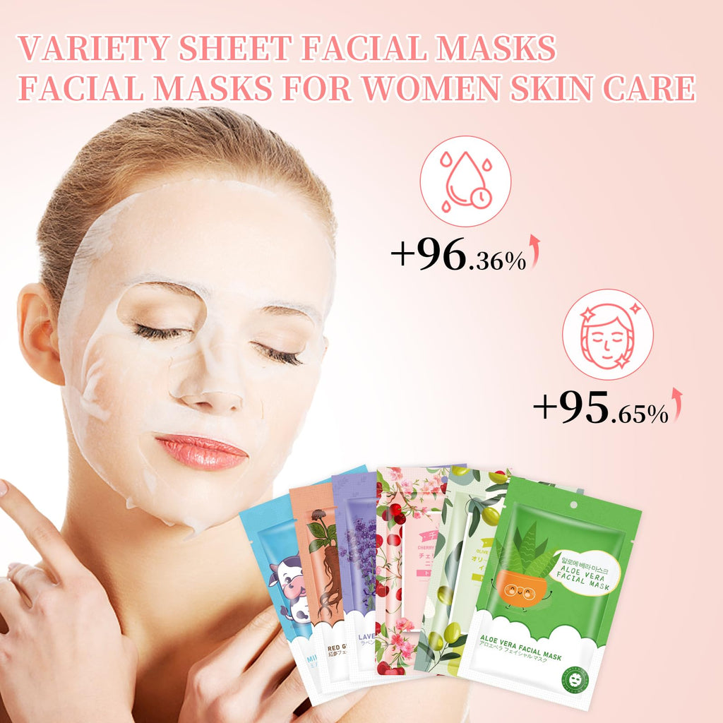 GUOYAOLIFU 24 Pack Sheet Face Masks Skincare for Women,Hydrating Face Masks Suitable for Dry Sensitive Skin,Bulk Facial Mask Gifts Set for Skin Care,Home Skincare Spa for All Skin Types