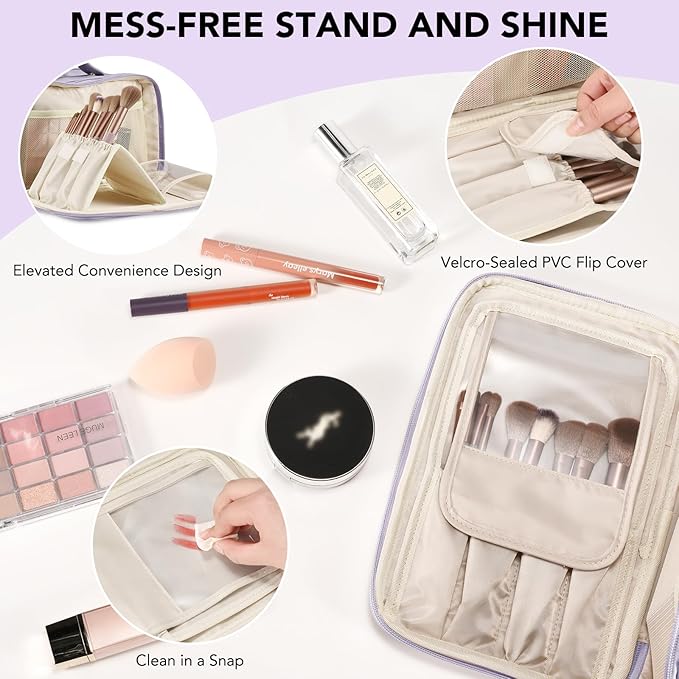 HauteHues Travel Makeup Bag Women's Large Capacity Cosmetic Portable Organizer Large Opening Waterproof Storage Toiletry Bags Vertical Free-Standing Brush Holder for Easy Access Purple