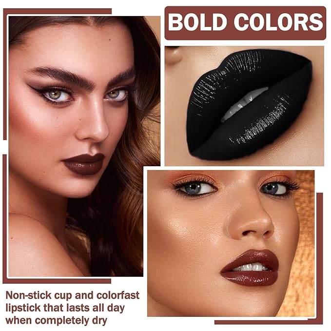 QIUFSSE 3 in 1 Black Lip Liner and Lipstick Lip Gloss Set (12 Black Magic)