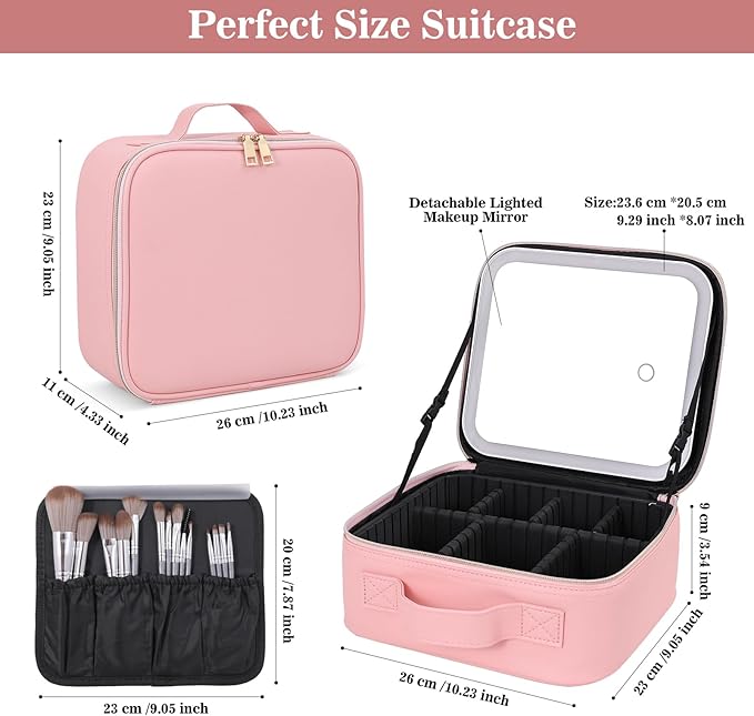 Comeacross Makeup Case with LED Mirror,Makeup Organizer Bag Travel Makeup Case Large Makeup Bag With Rechargeable Mirror 3 Color Lights Detachable Mirror for Women Beauty Tools Accessories（Pink）