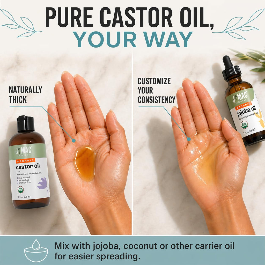 J MAC BOTANICALS Organic Castor Oil Cold Pressed in Amber BPA Free Plastic Bottle (32 oz) USDA Certified, Hexane Free - Moisturizing Oil for Hair, Skin, Face, Eyelashes, Brows, Nails, and Castor Wraps