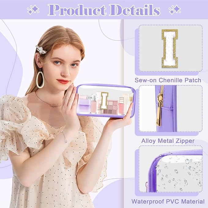 UIXIZQ Personalized Initial Letter Clear Makeup Bag,Preppy Small Nylon&PVC Cosmetic Zipper Bag with Chenille Letter,Travel Skincare Toiletry Bag,Monogram Christmas Gift for Teen Girls Women,I
